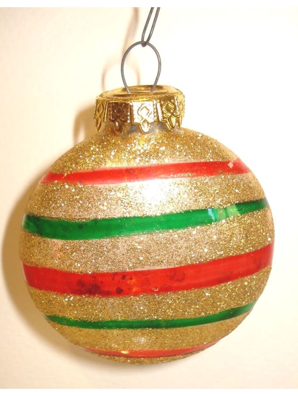 Vintage Gold Red and Green Striped Glass Christmas Ornament